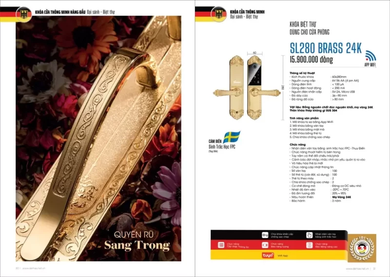 Khóa thông minh DEMAX SL280 BRASS 24K tiêu chuẩn Đức 10 Khóa thông minh DEMAX SL280 BRASS 24K tiêu chuẩn Đức