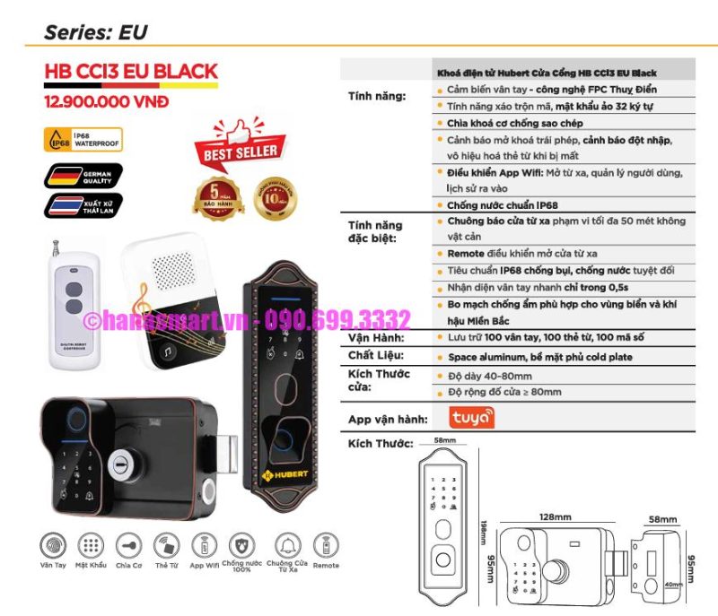 Khóa cửa cổng HUBERT HB CCI3 EU BLACK App tiêu chuẩn Đức 17 Khóa Cửa Cổng HUBERT HB CCI3 EU BLACK