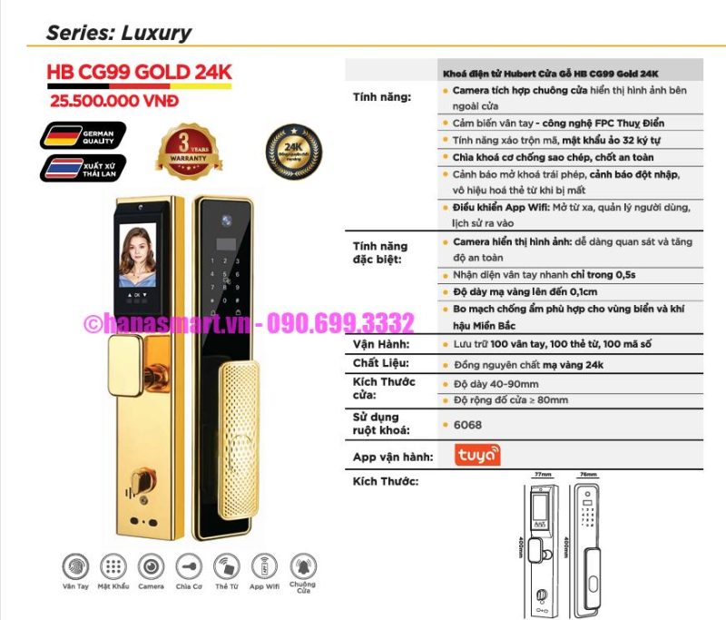 Khóa vân tay cửa gỗ HUBERT HB CG99 GOLD 24K tiêu chuẩn Đức 19 Khóa vân tay cửa gỗ HUBERT HB CG99 GOLD 24K