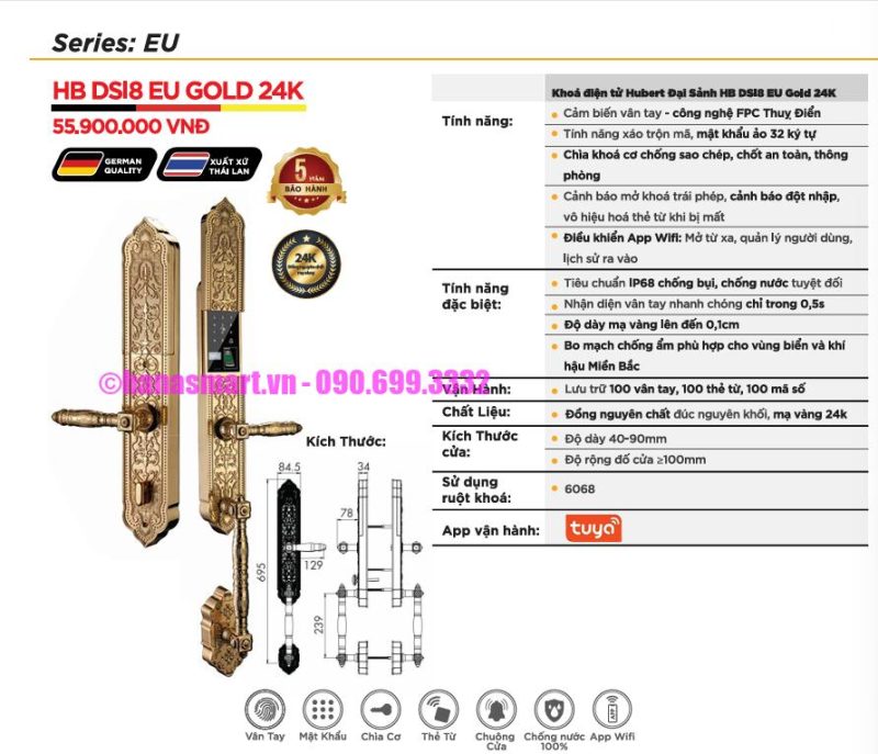 Khóa Vân Tay Đại Sảnh HUBERT HB DSI8 EU GOLD 24K