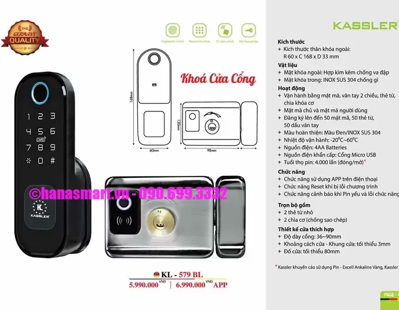 Khóa cửa cổng Kassler KL-579 BL APP