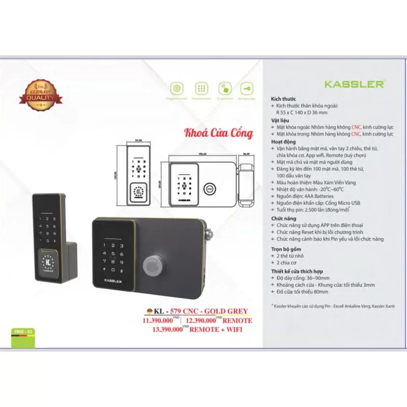 Khóa cửa cổng Kassler KL-579 CNC GOLD GREY REMOTE + WIFI