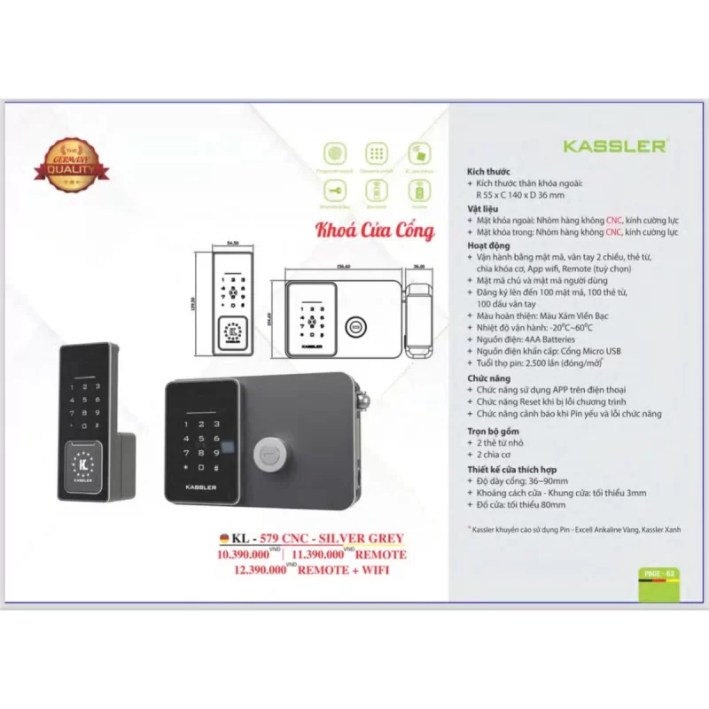 Khóa cửa cổng Kassler KL-579 CNC SILVER GREY REMOTE