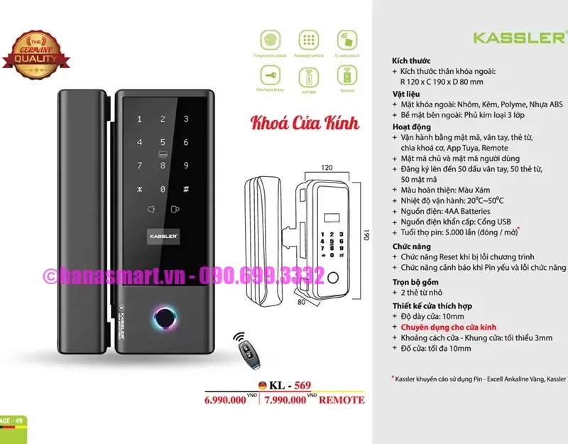 Khóa cửa kính Kassler KL-569