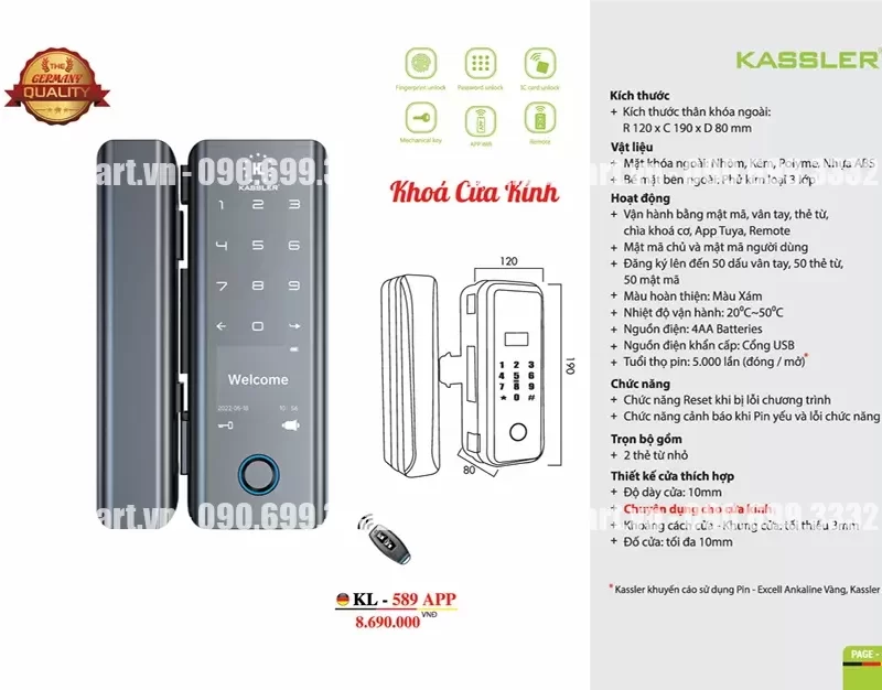 Khóa cửa kính Kassler KL-589 APP