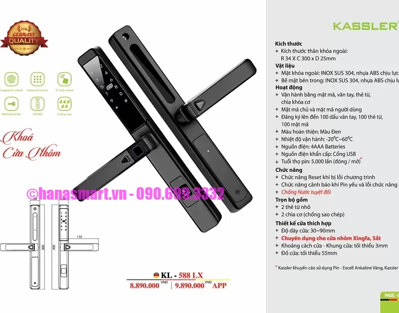 Khóa cửa nhôm Kassler KL-588 LX BLACK