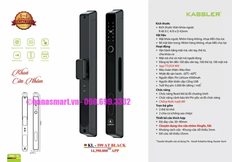 Khóa cửa nhôm Kassler KL-599 AT BLACK APP tiêu chuẩn Đức 15 Khóa cửa nhôm Kassler KL-599 AT BLACK APP