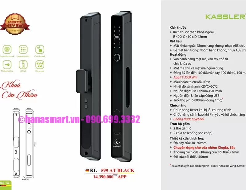 Khóa cửa nhôm Kassler KL-599 AT BLACK APP