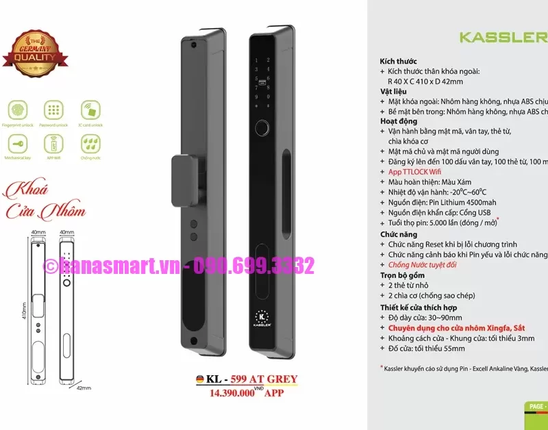 Khóa cửa nhôm Kassler KL-599 AT GREY APP