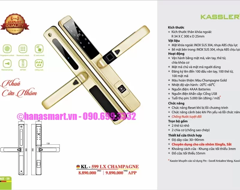 Khóa cửa nhôm Kassler KL-599 LX CHAMPAGNE