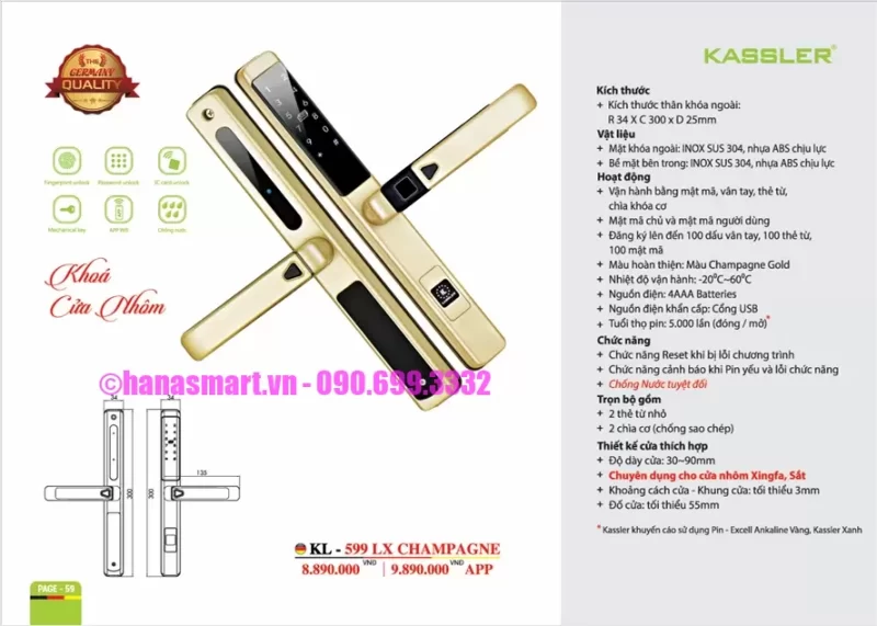 Khóa cửa nhôm Kassler KL-599 LX CHAMPAGNE APP tiêu chuẩn Đức 15 Khóa cửa nhôm Kassler KL-599 LX CHAMPAGNE APP