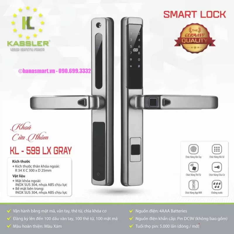 Khóa cửa nhôm Kassler KL-599 LX GRAY APP