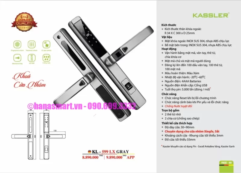 Khóa cửa nhôm Kassler KL-599 LX GRAY tiêu chuẩn Đức 10 Khóa cửa nhôm Kassler KL-599 LX GRAY