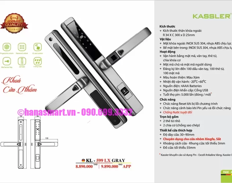 Khóa cửa nhôm Kassler KL-599 LX GRAY APP