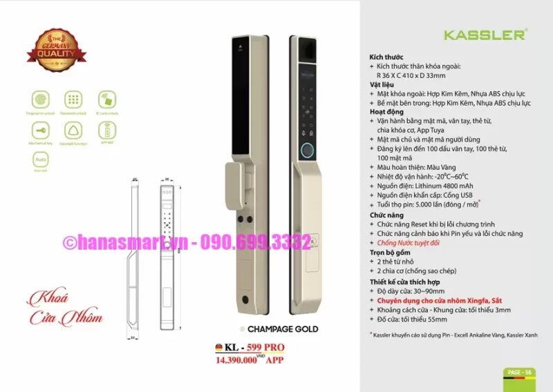 Khóa cửa nhôm Kassler KL-599 PRO CHAMPAGNE GOLD tiêu chuẩn Đức 10 Khóa cửa nhôm Kassler KL-599 PRO CHAMPAGE GOLD