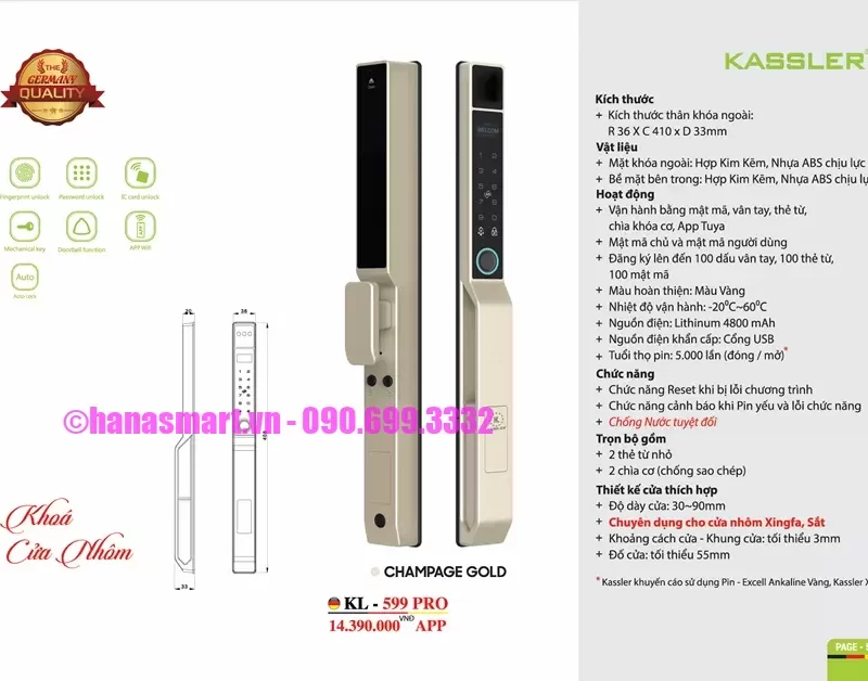 Khóa cửa nhôm Kassler KL-599 PRO CHAMPAGE GOLD