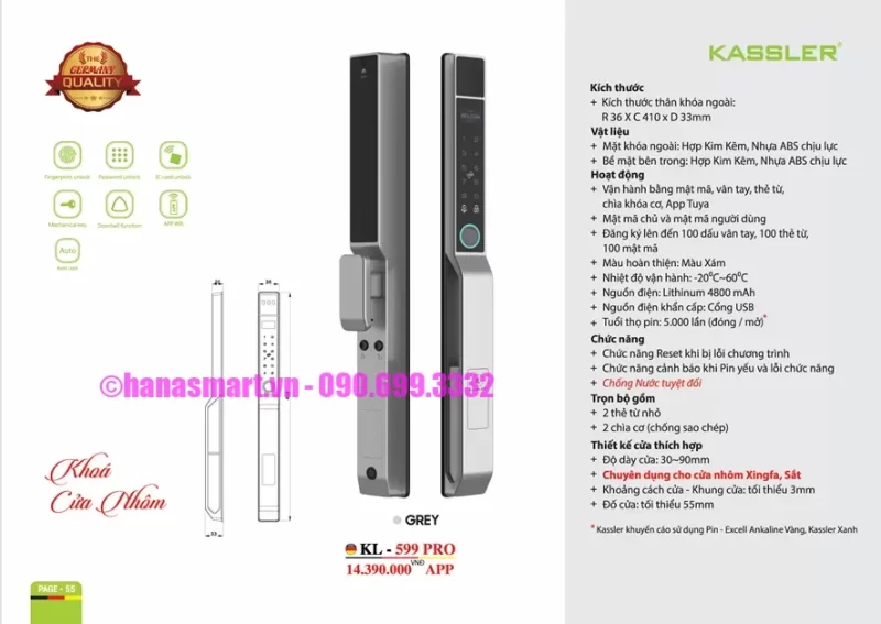 Khóa cửa nhôm Kassler KL-599 PRO GREY tiêu chuẩn Đức 15 Khóa cửa nhôm Kassler KL-599 PRO GREY