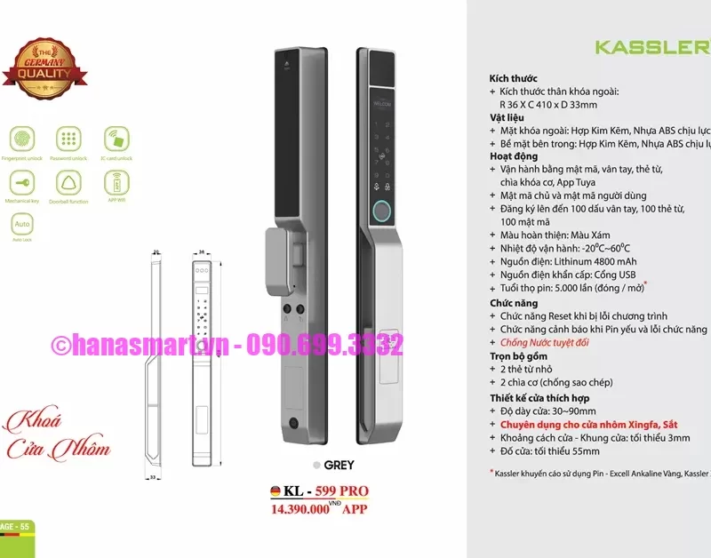 Khóa cửa nhôm Kassler KL-599 PRO GREY 