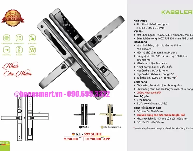 Khóa cửa nhôm Kassler KL-599 SLIDE BLACK