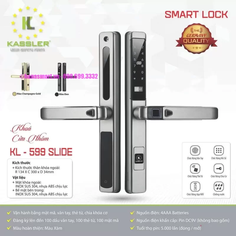 Khóa cửa nhôm Kassler KL-599 SLIDE BLACK