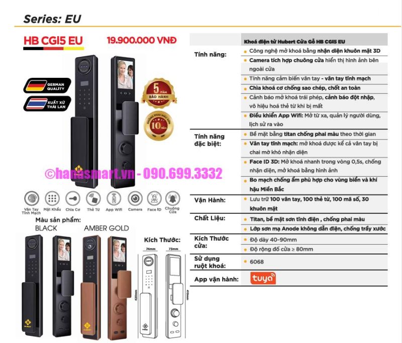 Khóa vân tay HUBERT HB CGI5 EU AMBER GOLD FaceID tiêu chuẩn Đức 17 Khóa vân tay HUBERT HB CGI5 EU AMBER GOLD