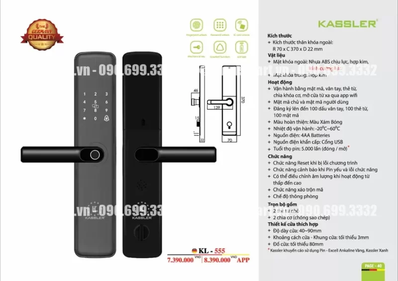 Khóa vân tay Kassler KL-555 tiêu chuẩn Đức 15 Khóa vân tay Kassler KL-555