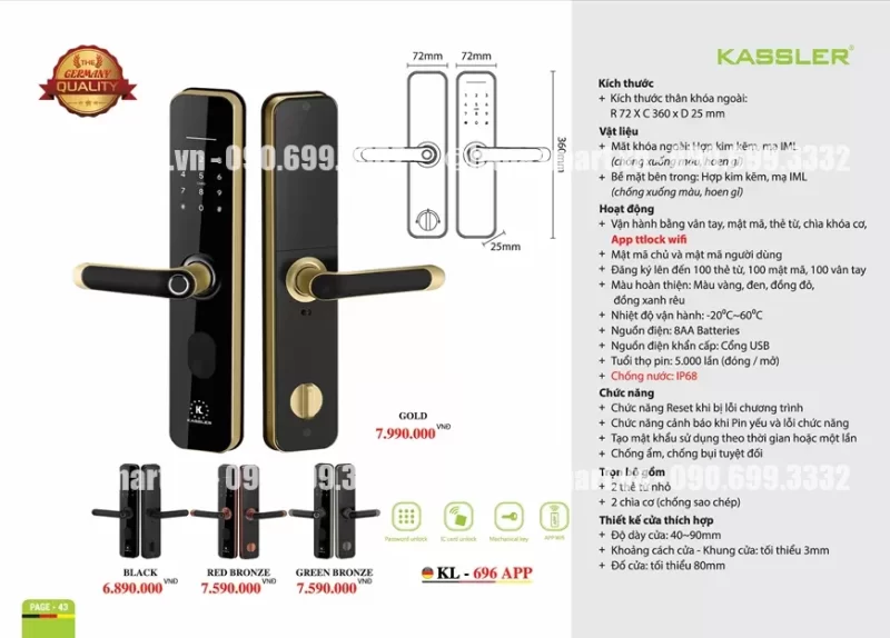 Khóa vân tay Kassler KL-696 APP RED BRONZE tiêu chuẩn Đức 12 Khóa vân tay Kassler KL-696 APP RED BRONZE