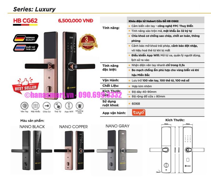 Khóa vân tay cửa gỗ HUBERT HB CG62 NANO GRAY tiêu chuẩn Đức 19 Khóa vân tay cửa gỗ HUBERT HB CG62 NANO GRAY