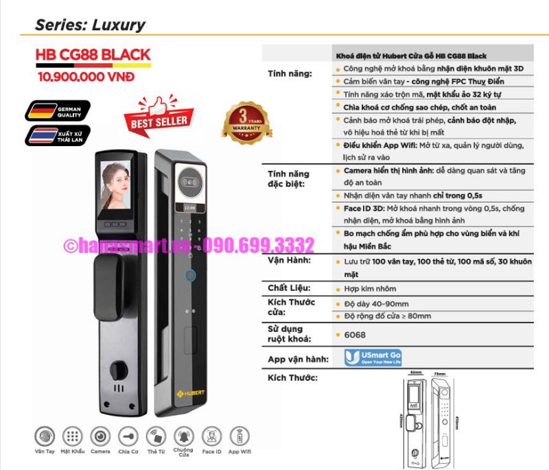 Khóa vân tay cửa gỗ HUBERT HB CG88 BLACK FaceID tiêu chuẩn Đức 13 Khóa vân tay cửa gỗ HUBERT HB CG88 BLACK