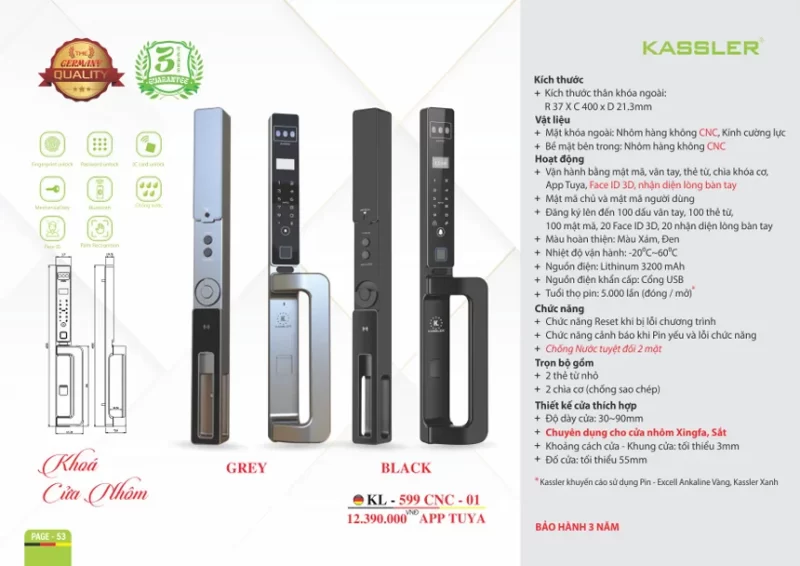 Khóa vân tay cửa nhôm Kassler KL-599 CNC 01 GREY tiêu chuẩn Đức 5 Khóa vân tay cửa nhôm Kassler KL-599 CNC 01 GREY