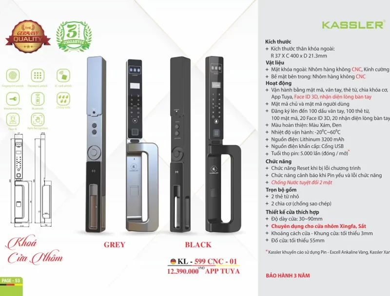 Khóa vân tay cửa nhôm Kassler KL-599 CNC 01 GREY