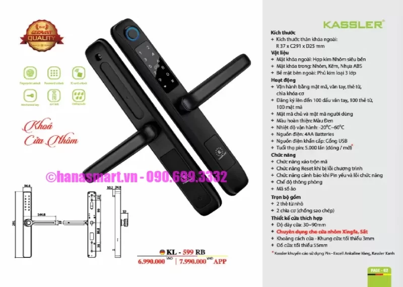 Khóa vân tay cửa nhôm Kassler KL-599 RB tiêu chuẩn Đức 13 Khóa vân tay cửa nhôm Kassler KL-599 RB