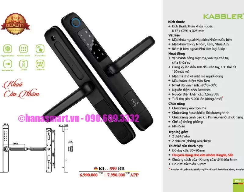 Khóa vân tay cửa nhôm Kassler KL-599 RB 