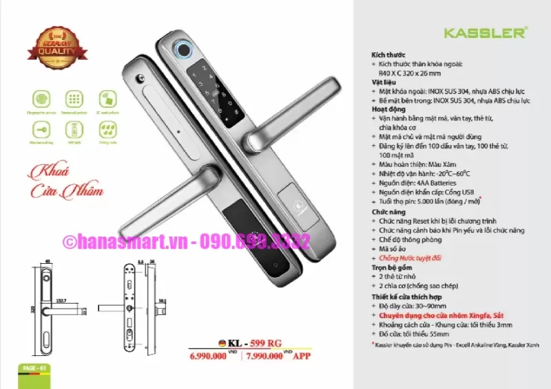 Khóa vân tay cửa nhôm Kassler KL-599 RG tiêu chuẩn Đức 15 Khóa vân tay cửa nhôm Kassler KL-599 RG