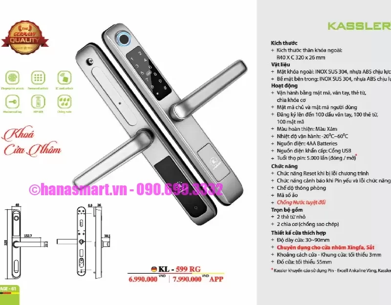 Khóa vân tay cửa nhôm Kassler KL-599 RG