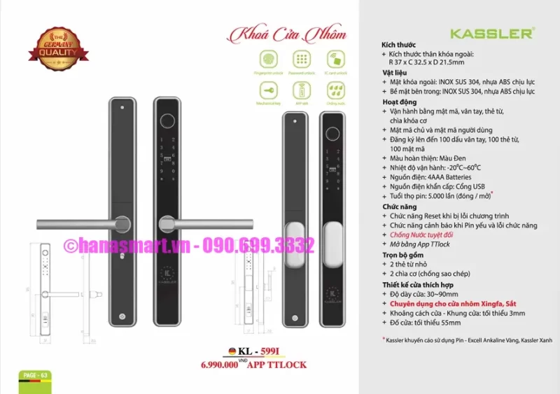 Khóa vân tay cửa nhôm Kassler KL-599I APP tiêu chuẩn Đức 20 Khóa vân tay cửa nhôm Kassler KL-599I APP