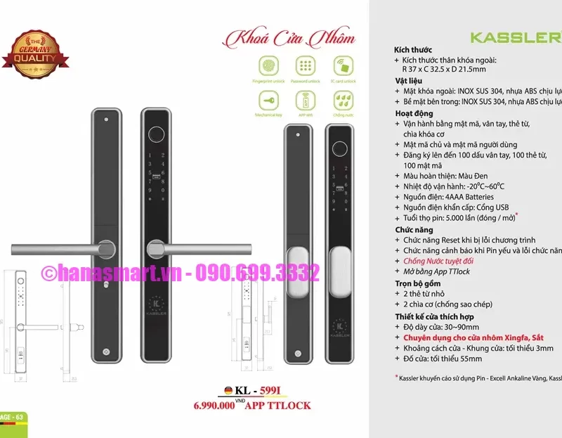 Khóa vân tay cửa nhôm Kassler KL-599I APP