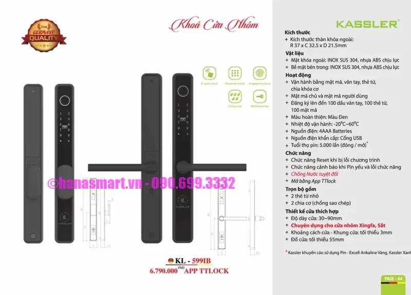 Khóa vân tay cửa nhôm Kassler KL-599IB APP tiêu chuẩn Đức 17 Khóa vân tay cửa nhôm Kassler KL-599IB APP