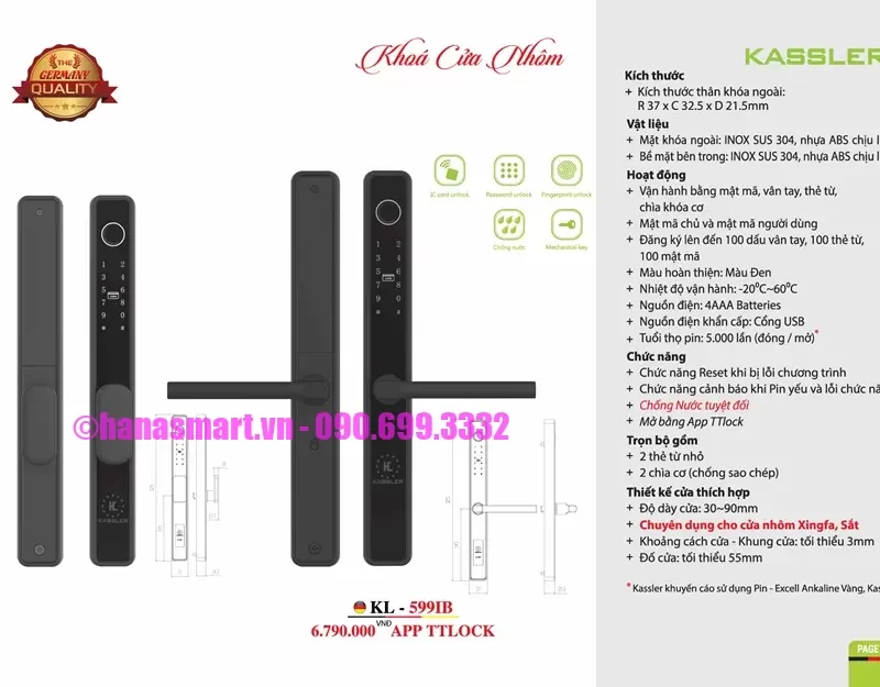 Khóa vân tay cửa nhôm Kassler KL-599IB APP