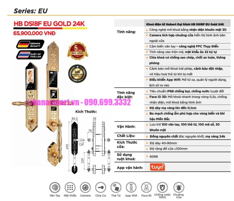 Khóa vân tay đại sảnh HUBERT HB DSI8F EU GOLD 24K tiêu chuẩn Đức 15 Khóa vân tay đại sảnh HUBERT HB DSI8F EU GOLD 24K