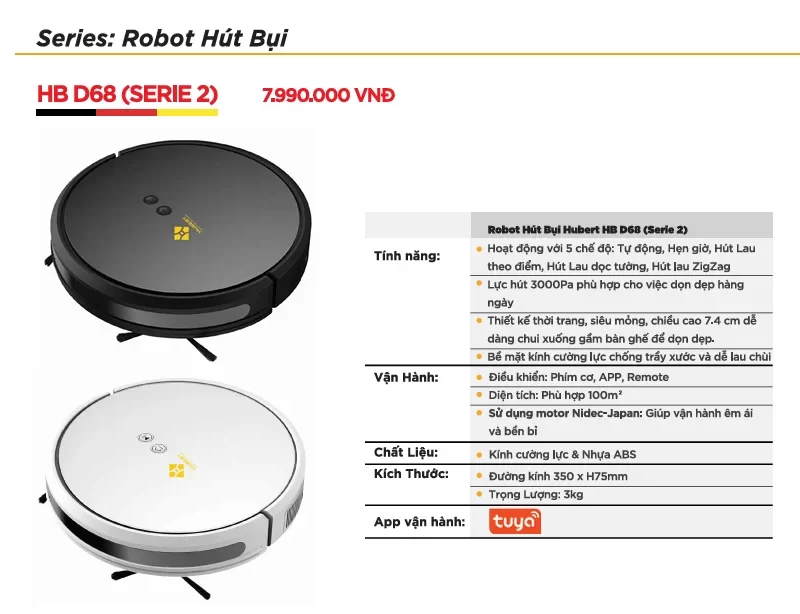 Robot hút bụi lau nhà HB D68 (Serie 2) WHITE