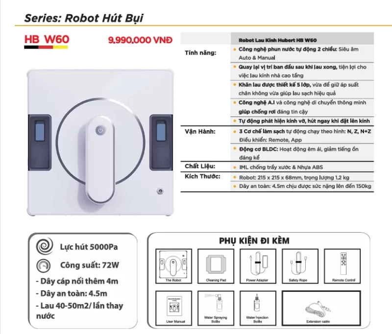 Robot lau kính HUBERT HB W60 tiêu chuẩn Đức 13 Robot lau kính HUBERT HB W60