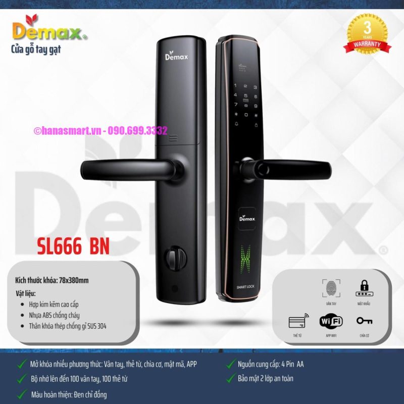 Khóa vân tay DEMAX SL666 BN APP WIFI tiêu chuẩn Đức - demax sl666 bn