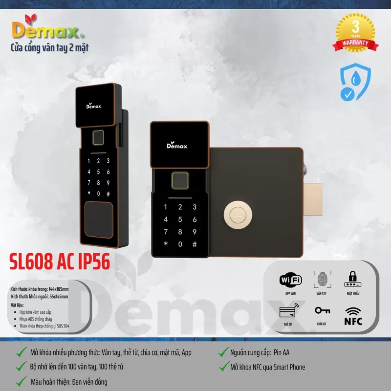 Khóa cửa cổng sắt DEMAX SL608 AC IP56 APP, REMOTE tiêu chuẩn Đức - khoa cua cong sat demax sl608 ac ip56 app remote tieu chuan duc8