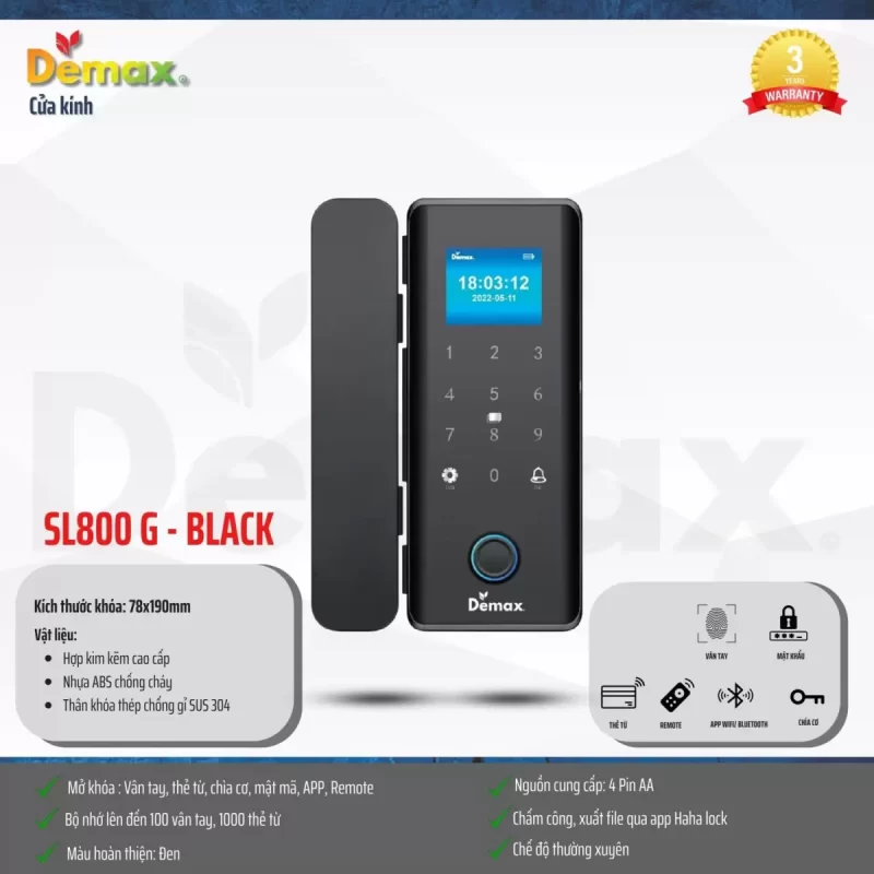 Khóa cửa kính DEMAX SL800 G BLACK APP, REMOTE tiêu chuẩn Đức - khoa cua kinh demax sl800 g black app remote tieu chuan duc8