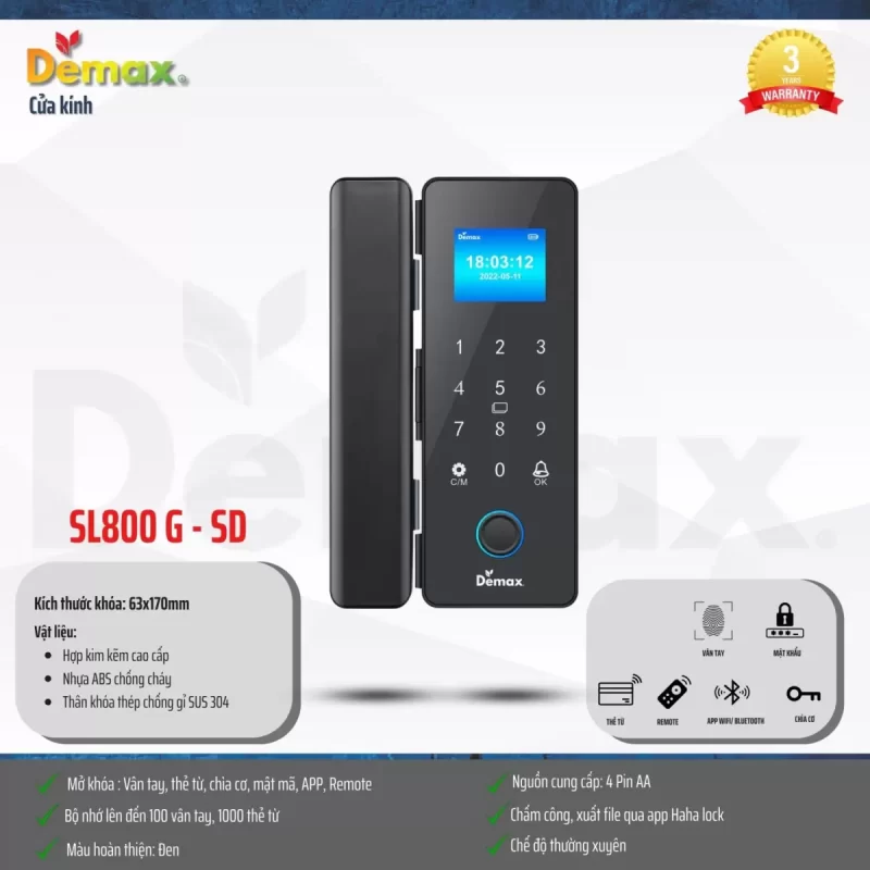 Khóa cửa kính DEMAX SL800 G-SD APP, REMOTE tiêu chuẩn Đức - khoa cua kinh demax sl800 g sd app remote tieu chuan duc7