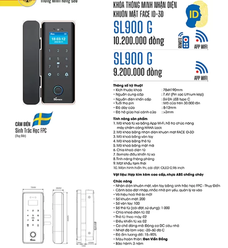 Khóa cửa kính DEMAX SL900 G REMOTE, APP, FACE-ID tiêu chuẩn Đức 15 Khóa cửa kính DEMAX SL900 G REMOTE, APP, FACE-ID tiêu chuẩn Đức