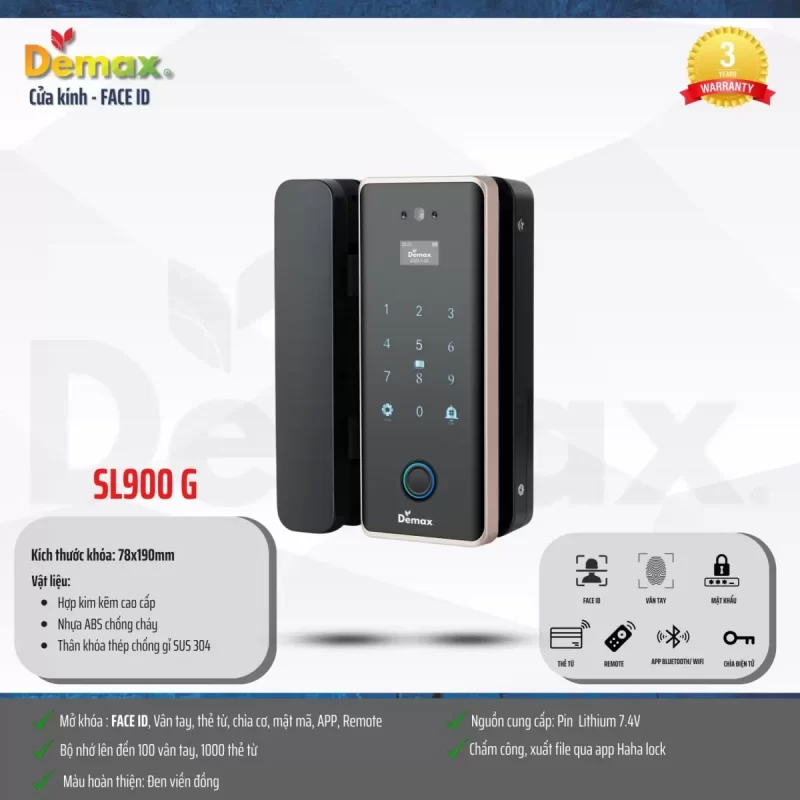 Khóa cửa kính DEMAX SL900 G REMOTE, APP, FACE-ID tiêu chuẩn Đức - khoa cua kinh demax sl900 g remote app face id tieu chuan duc6