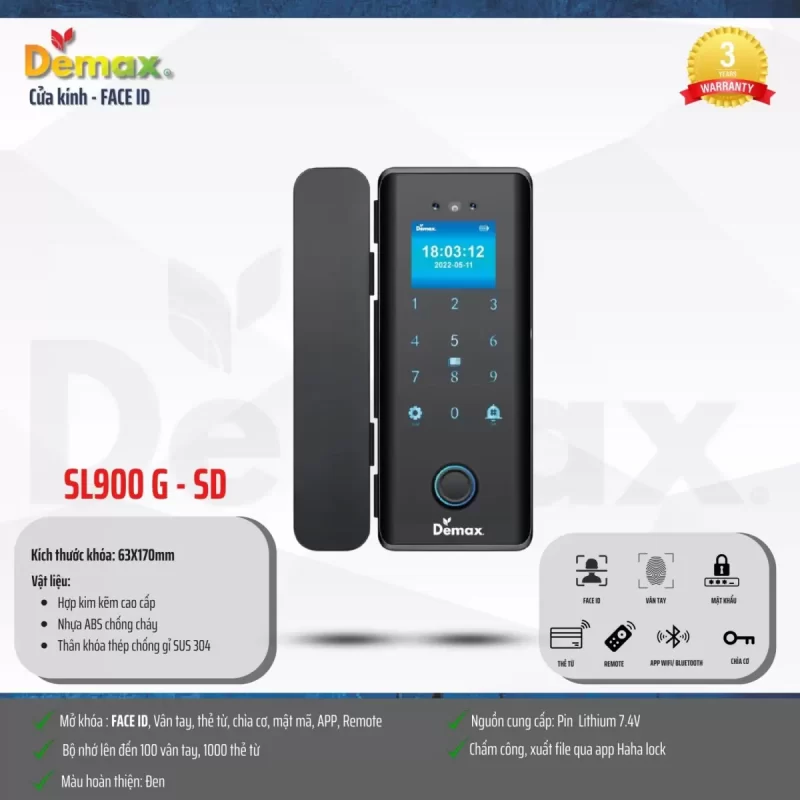 Khóa cửa kính FACE-ID DEMAX SL900 G-SD APP tiêu chuẩn Đức - khoa cua kinh face id demax sl900 g sd app tieu chuan duc8