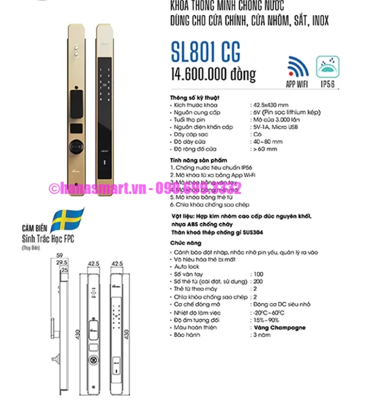 Khóa vân tay DEMAX SL801 CG APP WIFI tiêu chuẩn Đức 19 Khóa vân tay DEMAX SL801 CG APP WIFI tiêu chuẩn Đức